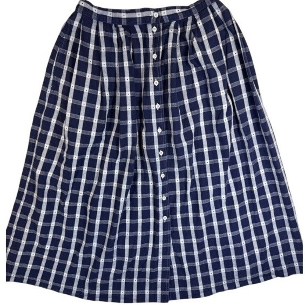 VTG LL Bean Women's Button Front Skirt Navy Blue Plaid Teacher Cottage Size 12
